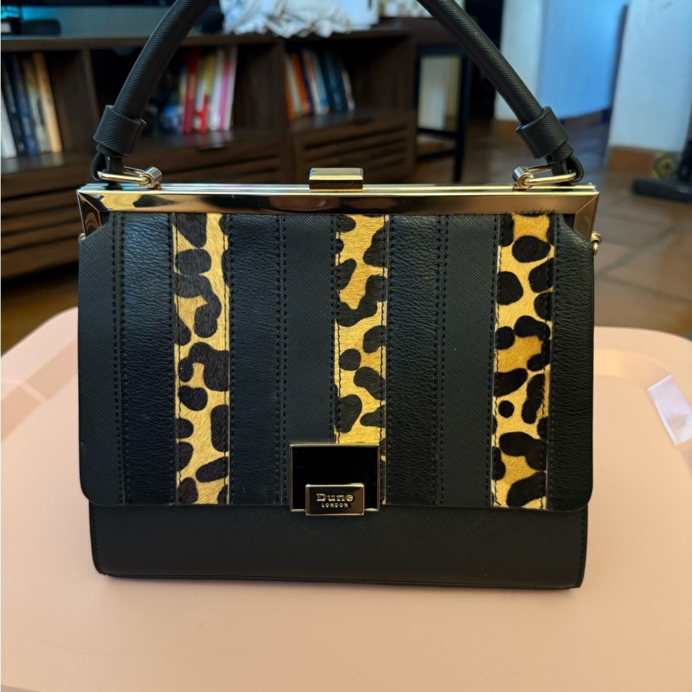 Black and leopard Structured Leatherlike Satchel with Gold Hardware